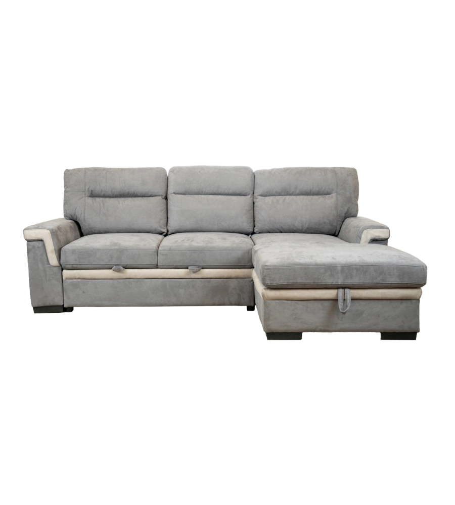 DIVANO LETTO ANGOLARE "ERIKA" IN TESSUTO GRIGIO CON PENISOLA A DESTRA, 254X92/165X102 CM
